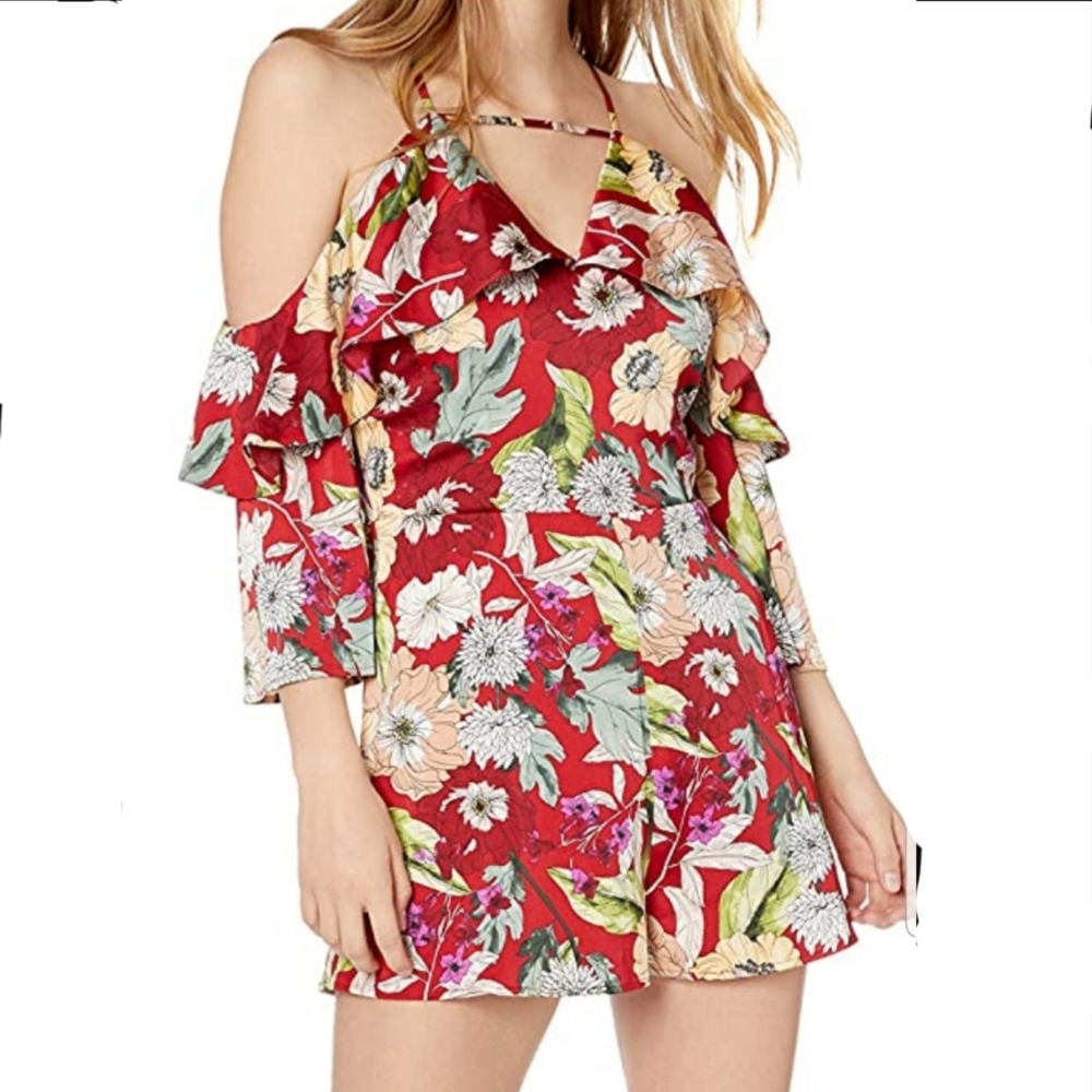Guess Red Floral Cold-Shoulder Romper